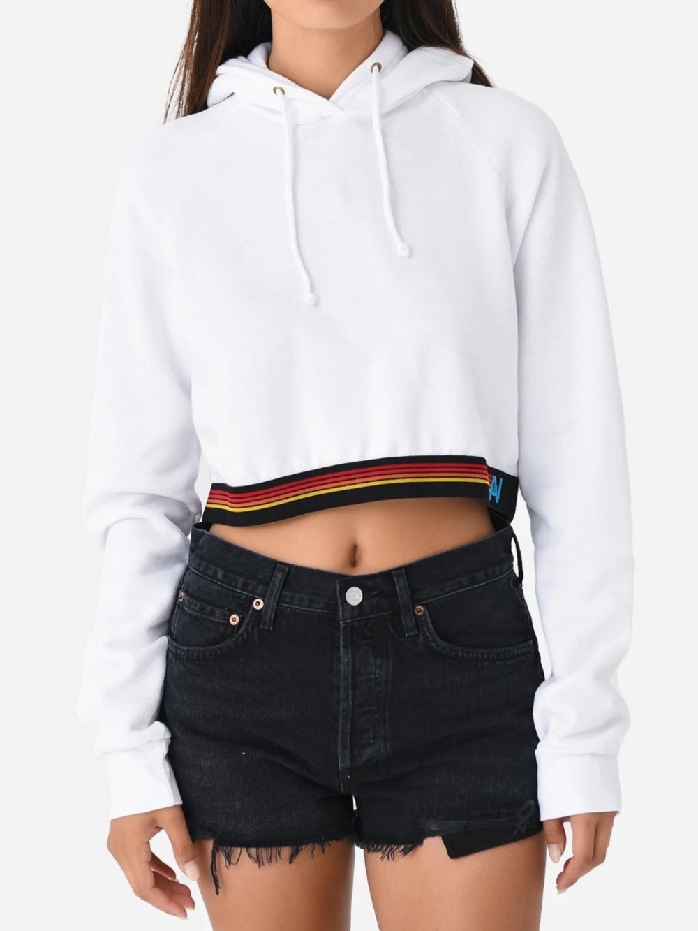 Aviator Nation White Cropped Hoodie Sweatshirt Logo Stripe